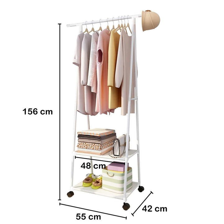 Lukzer A-Shaped Metal Garment Stand with Dual Storage Shelves & Wheels (MGR-010/White)