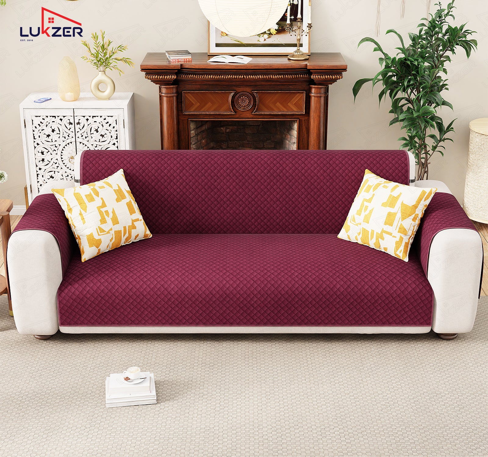 Lukzer Quilted Velvet Sofa Mat | 200 GSM Soft Washable &amp; Removable Couch Protector | Anti-Slip Elastic Strap Cover for Living Room, Pet &amp; Spill Protection