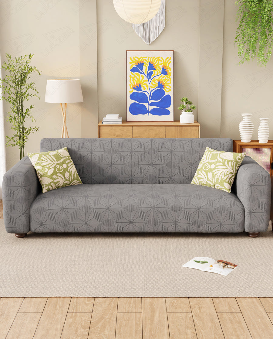 Lukzer Pastel Shades Textured Sofa Cover - Dark Grey Starlight Grid (SC-140-01)