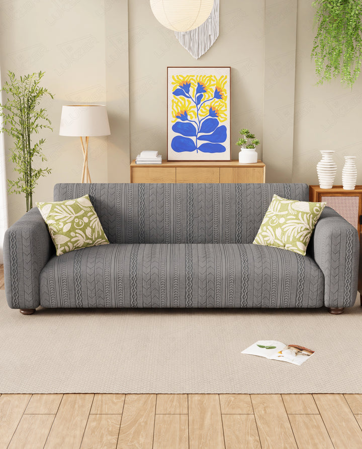 Lukzer Pastel Shades Textured Sofa Cover - Dark Grey Zigzag (SC-077-01)