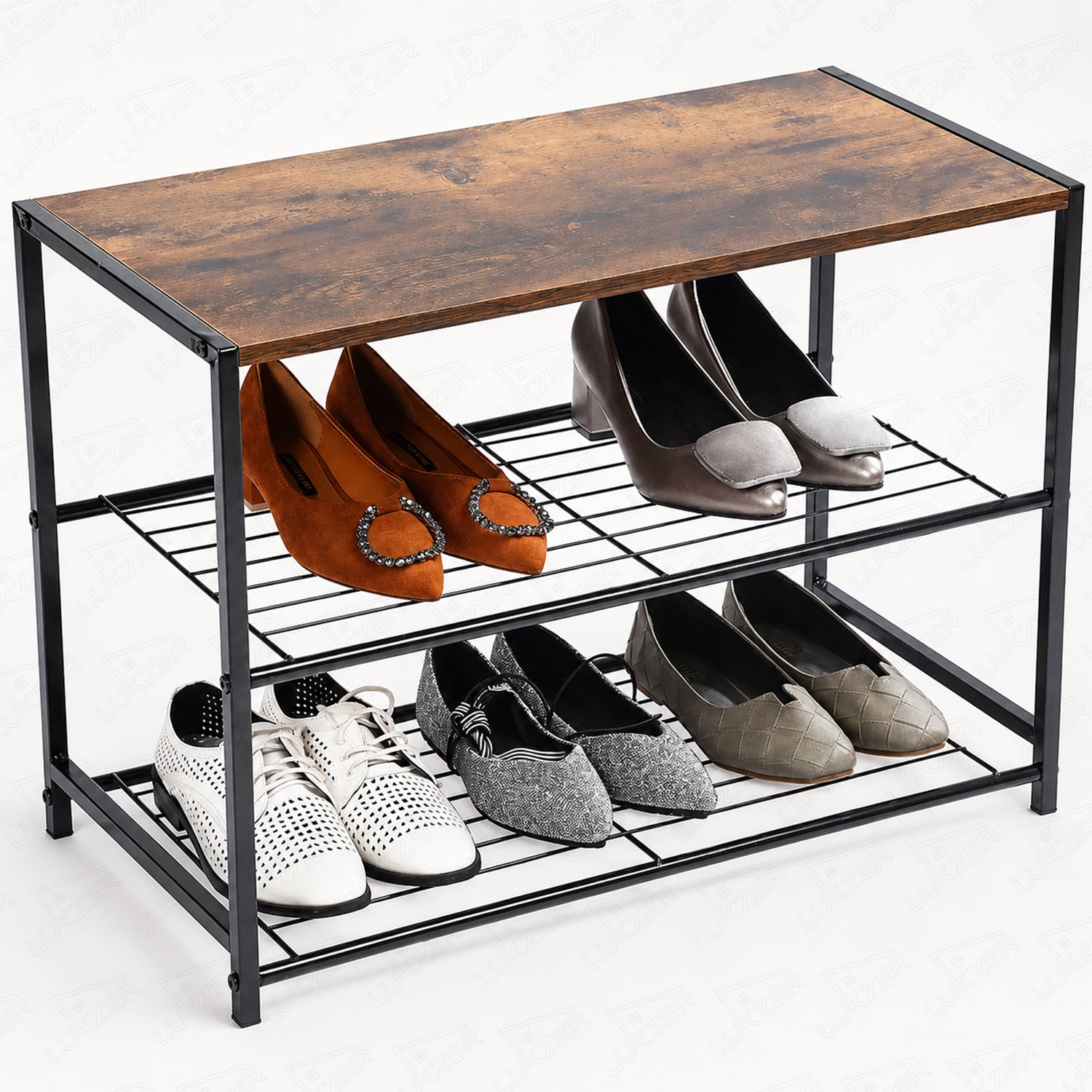 Lukzer 3-Tier Shoe Rack with Wooden Shelf & Metal Shoe Organizer