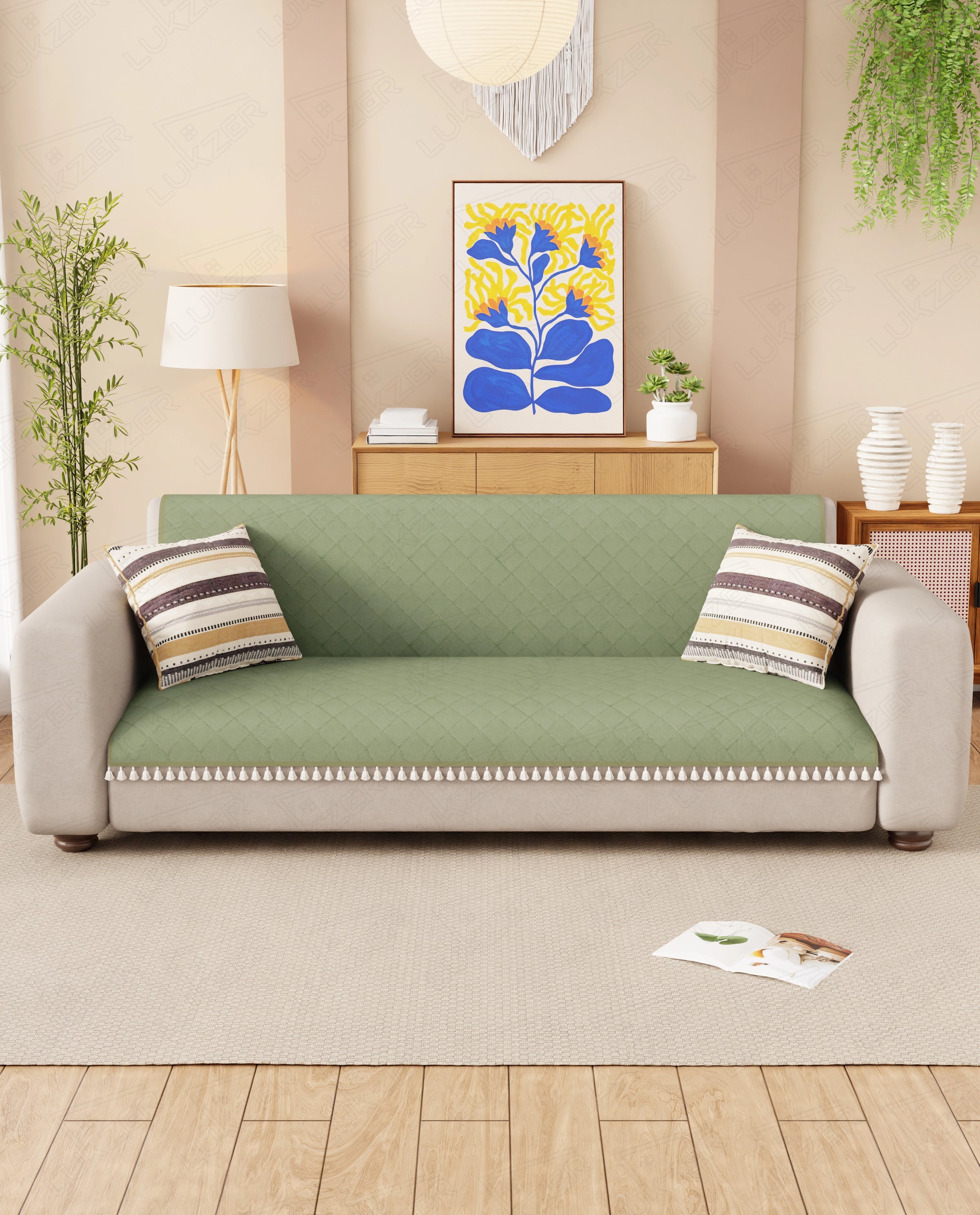 Lukzer 2 Seater Quilted Sofa Cover Mat with Tassels - Mint Green - SC-199-02T