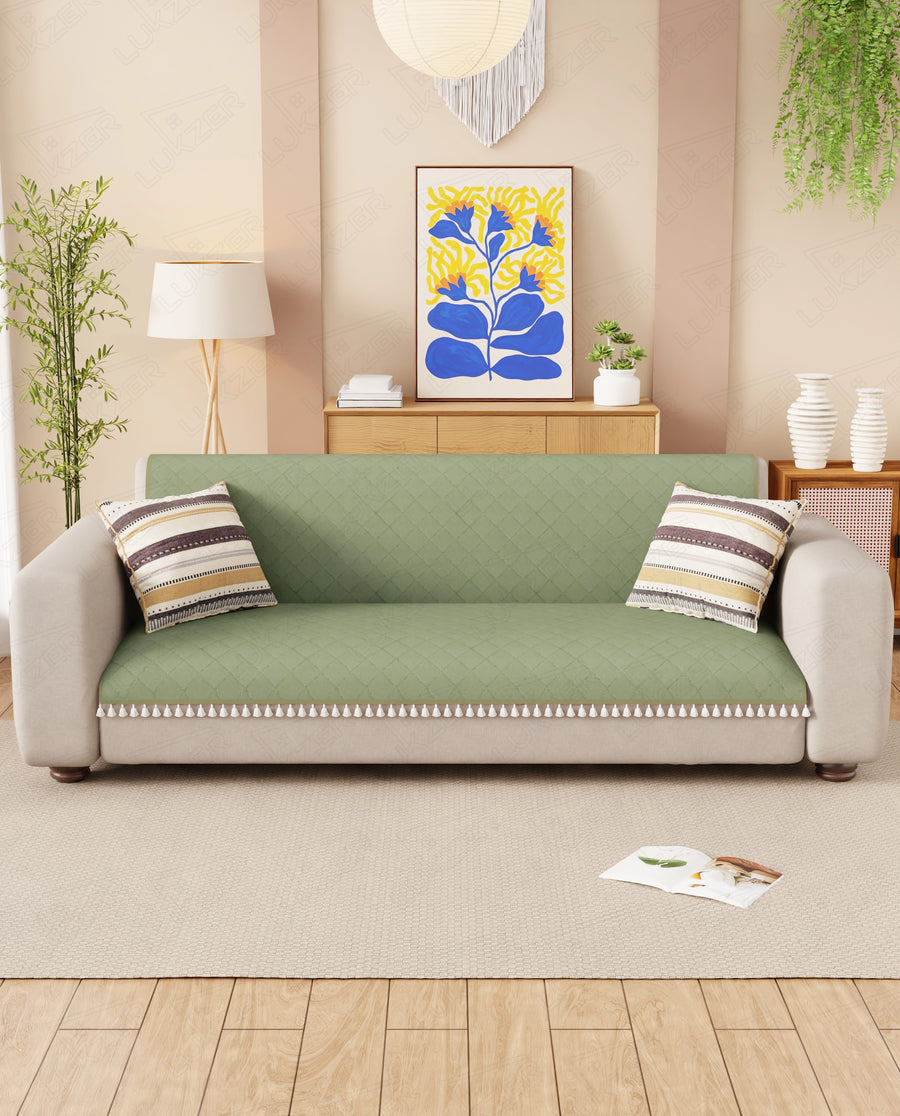 Lukzer 5 Seater Quilted Sofa Cover Mat with Tassels - 3+1+1 Seat - Mint Green - SC-199-05T