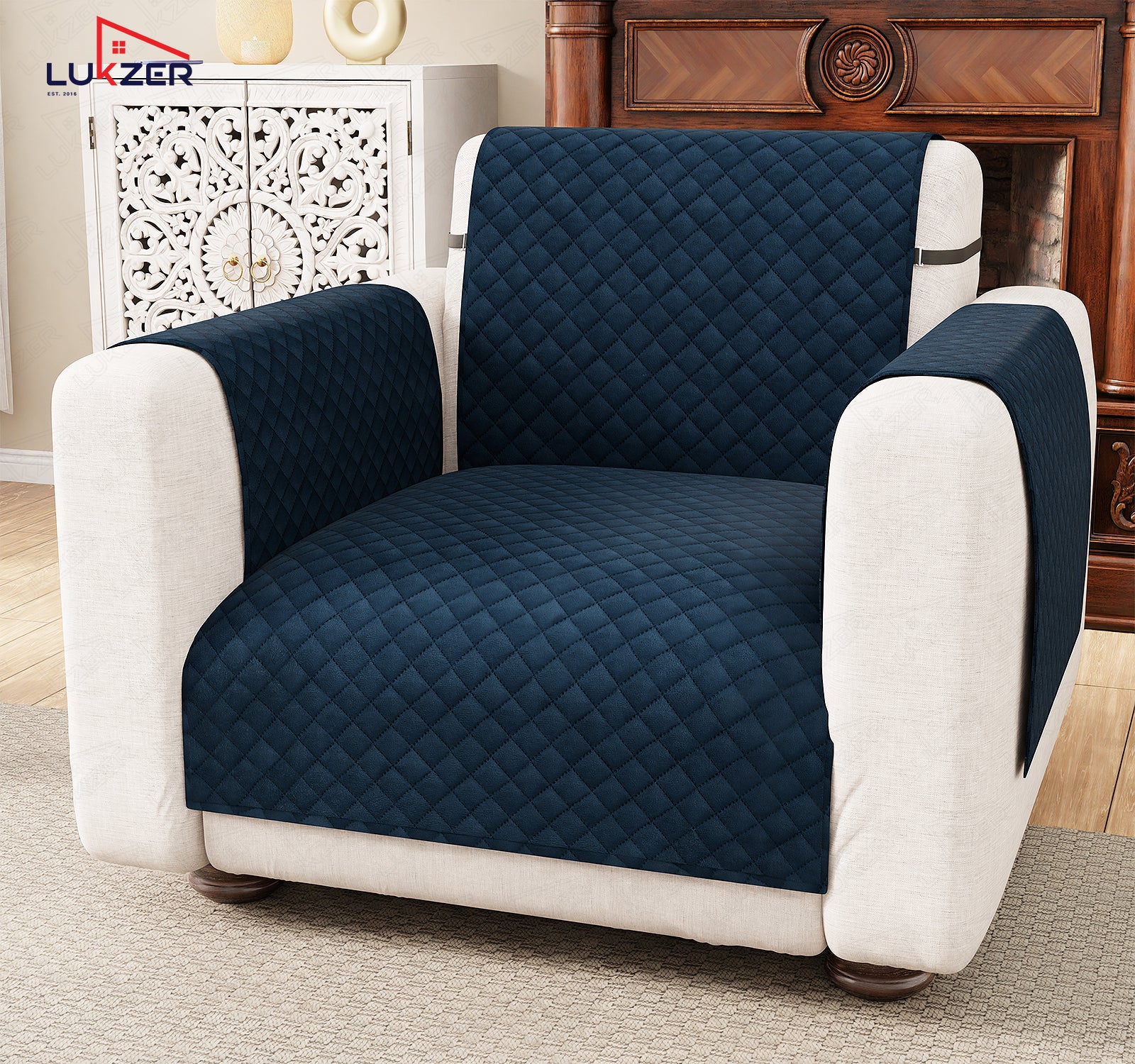 Lukzer Quilted Velvet Sofa Mat | 200 GSM Soft Washable &amp; Removable Couch Protector | Anti-Slip Elastic Strap Cover for Living Room, Pet &amp; Spill Protection