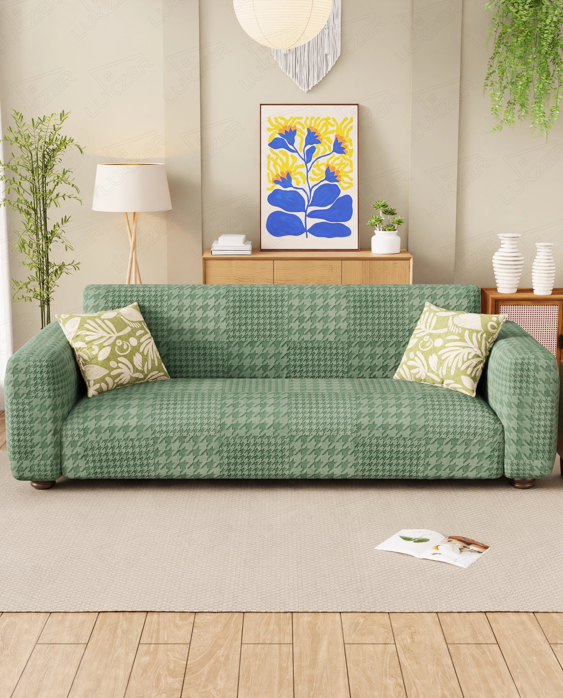 Lukzer Pastel Shades Textured Sofa Cover - Green Square Knit (SC-174-01)