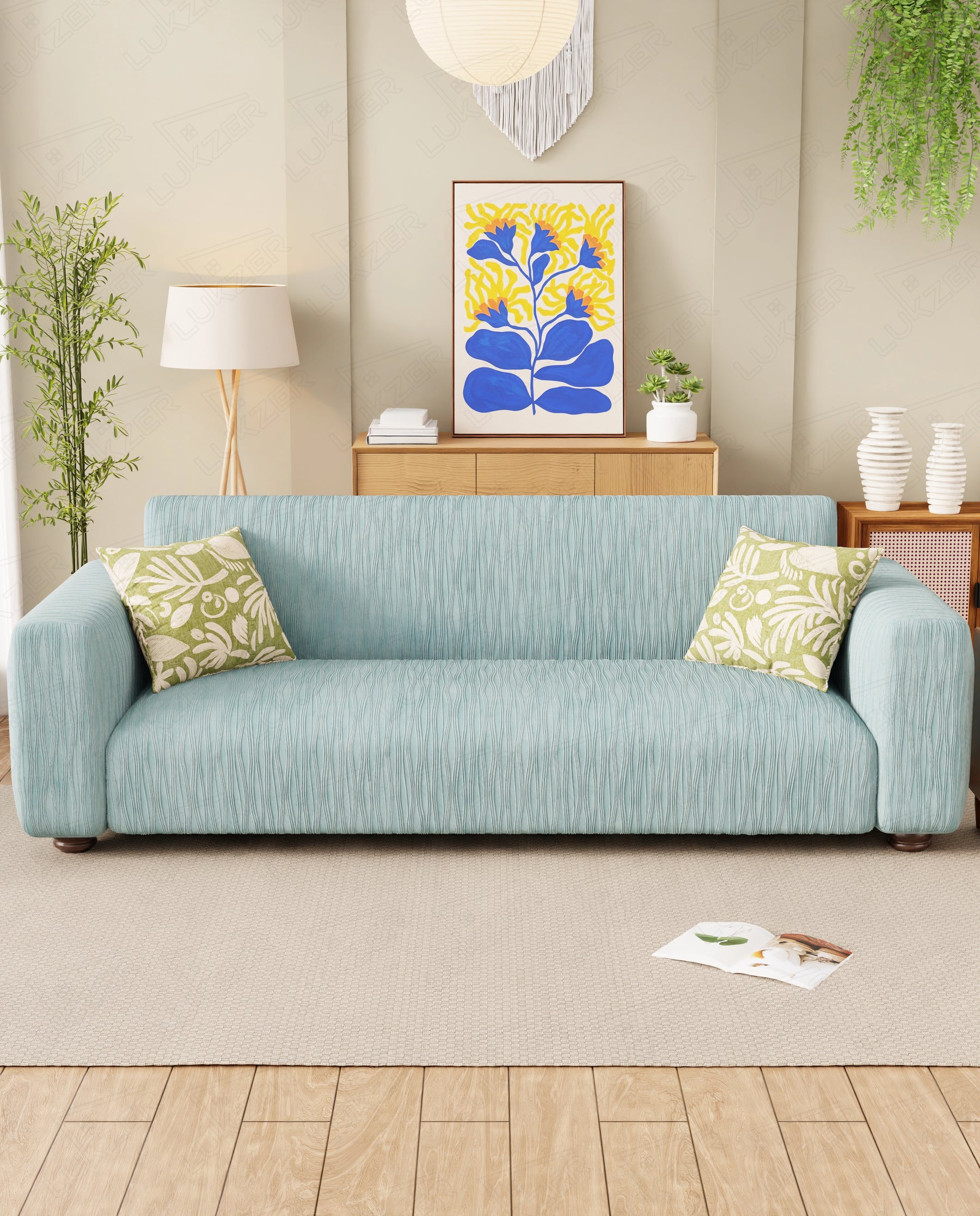 Lukzer Pastel Shades Textured Sofa Cover - Blue Wavy Stripes (SC-082-01)