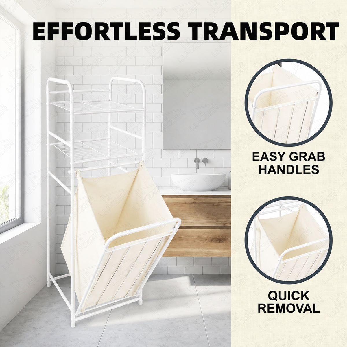 Lukzer Laundry Basket with 2-Tier Metal Storage Shelves & Detachable Fabric Hamper (White)