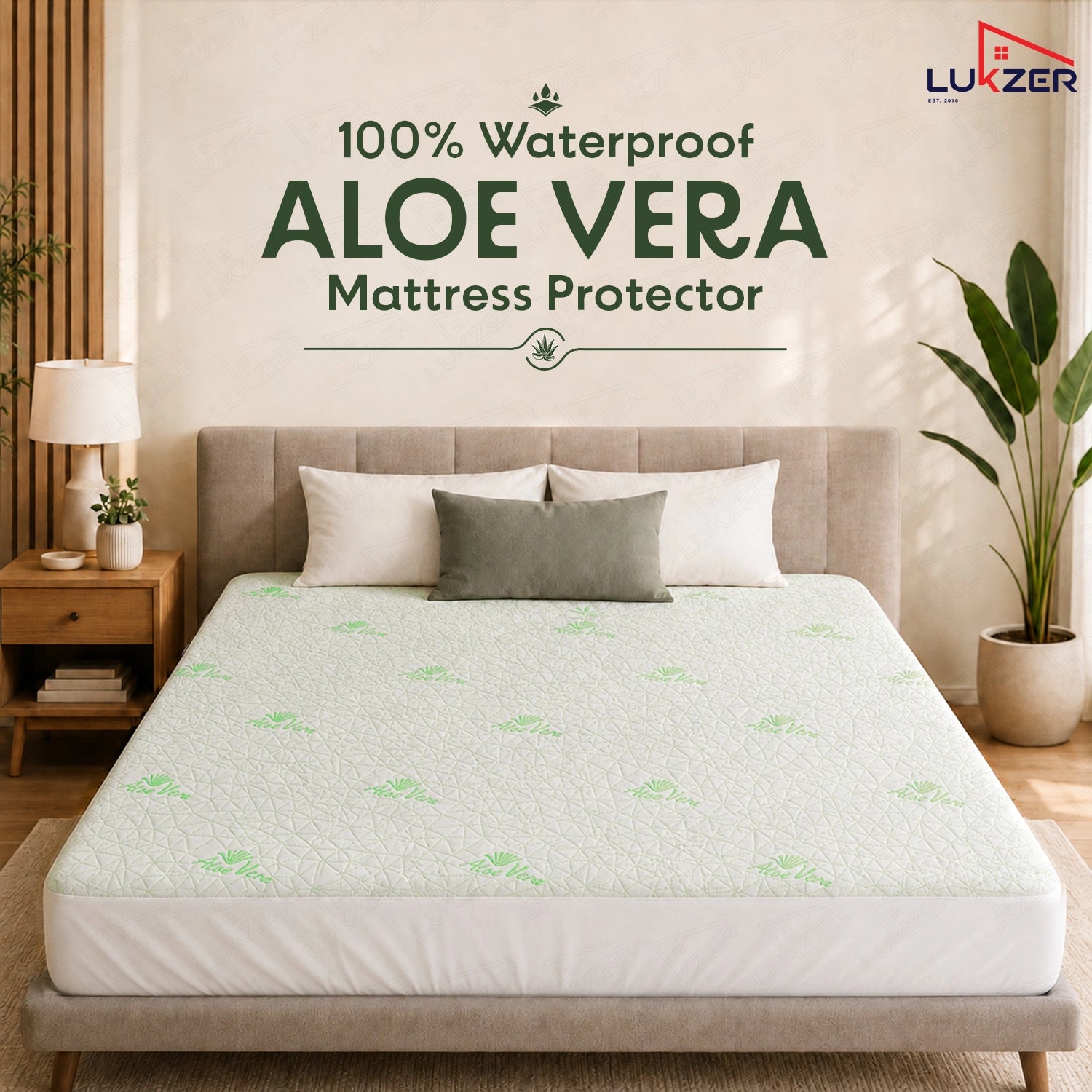Lukzer 100% Waterproof Diamond Aloe Vera Mattress Protector/Mattress Cover / King Size - (72" x 72" Inches) - (6 x 6 ft)