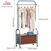 Lukzer Metal Clothes Rail Stand with Leather Storage Bin & Wheels (MGR-009/Deep Sea)