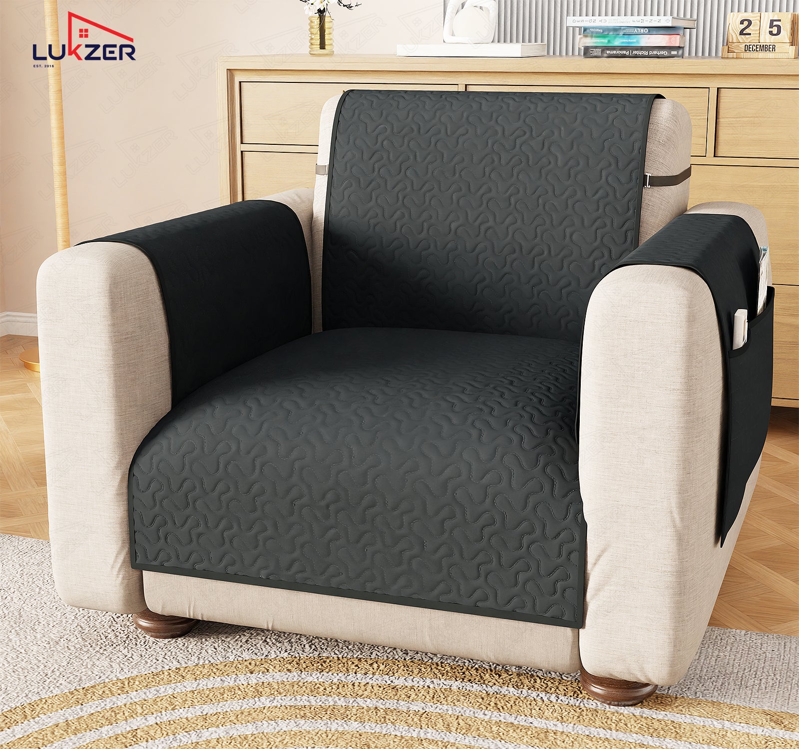 Lukzer Quilted Stipple Blue Sofa Cover Mat with Storage Side Pocket | 350 GSM Polyester Blend Full Coverage with Arms &amp; Back Belt | Machine Washable Sofa Runner.