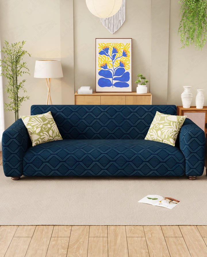 Lukzer Pastel Shades Textured Sofa Cover - Blue Curved Diamond