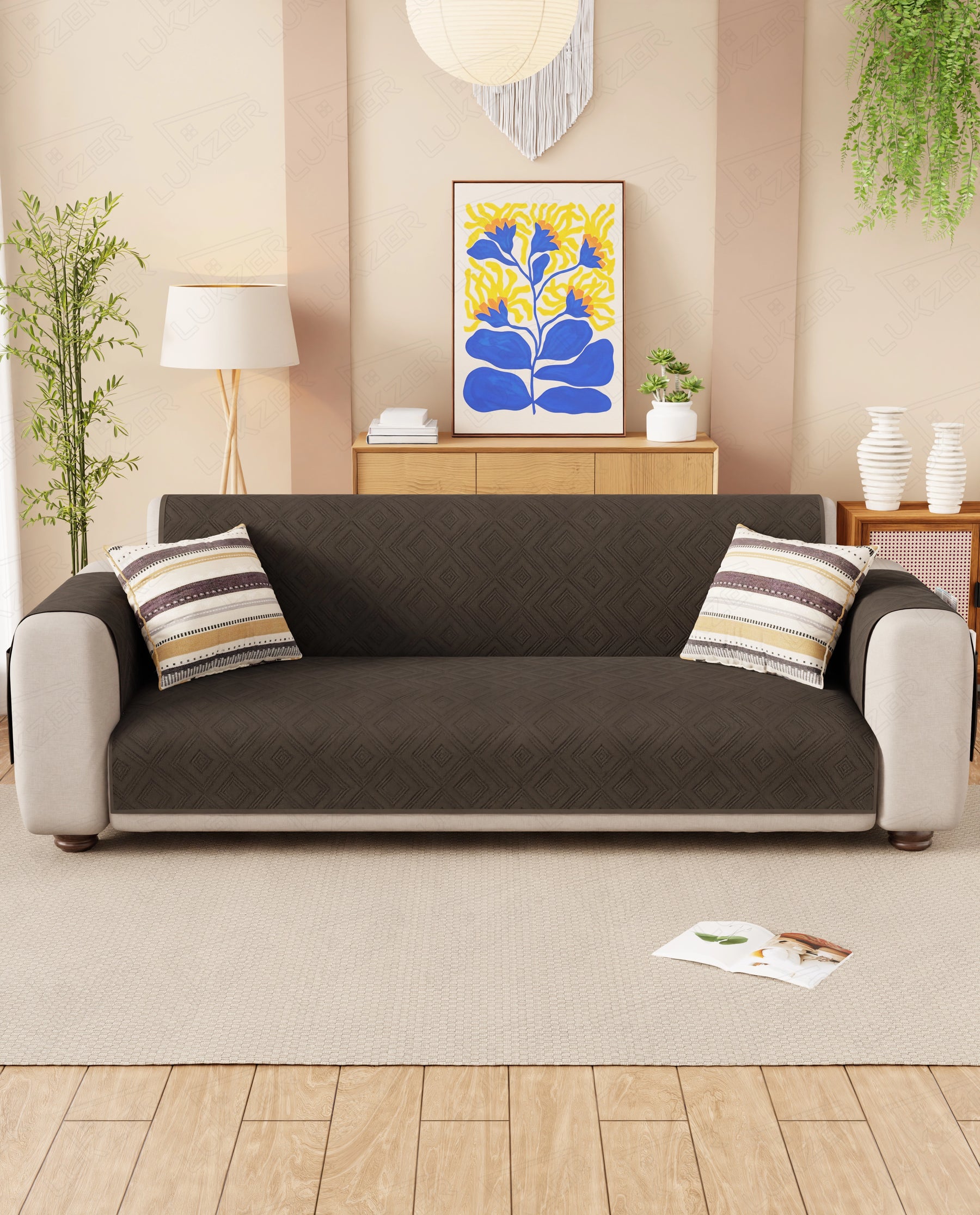 Lukzer Reversible Quilted Sofa Mat with Arms Dot Frame Dark Brown (SC-212-01)