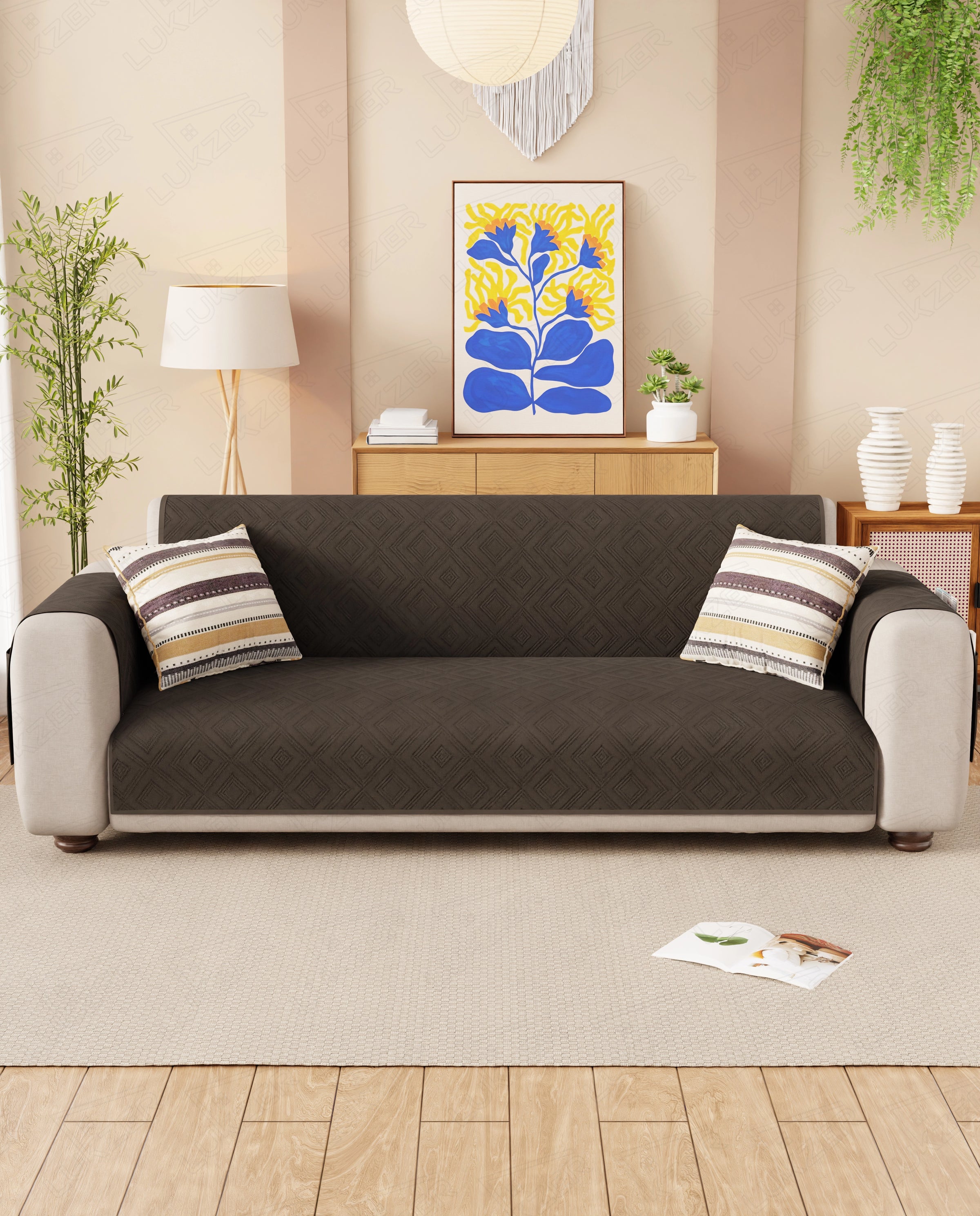 Lukzer Reversible Quilted Sofa Mat with Arms Dot Frame Dark Brown (SC-212-01)