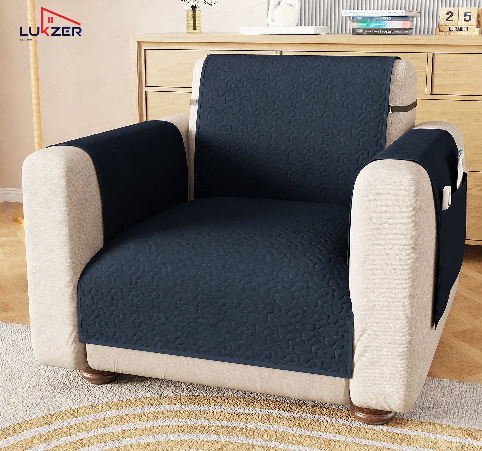 Lukzer Quilted Stipple Blue Sofa Cover Mat with Storage Side Pocket | 350 GSM Polyester Blend Full Coverage with Arms &amp; Back Belt | Machine Washable Sofa Runner.