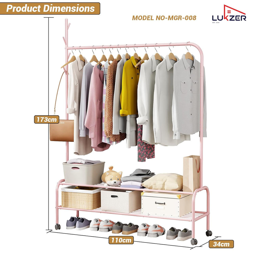 Lukzer Single Pole Portable Metal Garment Rack with 2 Bottom Shelves (MGR-008/Pink)