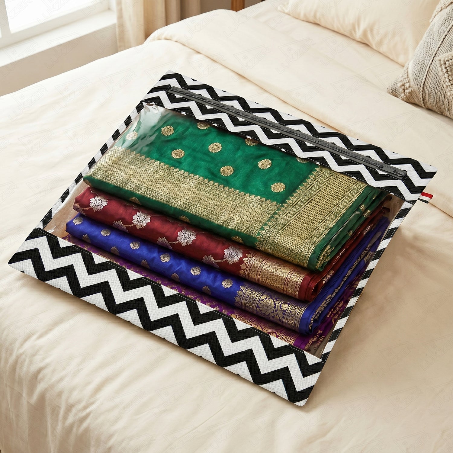 Lukzer 12 Pcs Zigzag Printed Big Size with Zip Closure & Transparent Window Saree Covers (Non-Woven)
