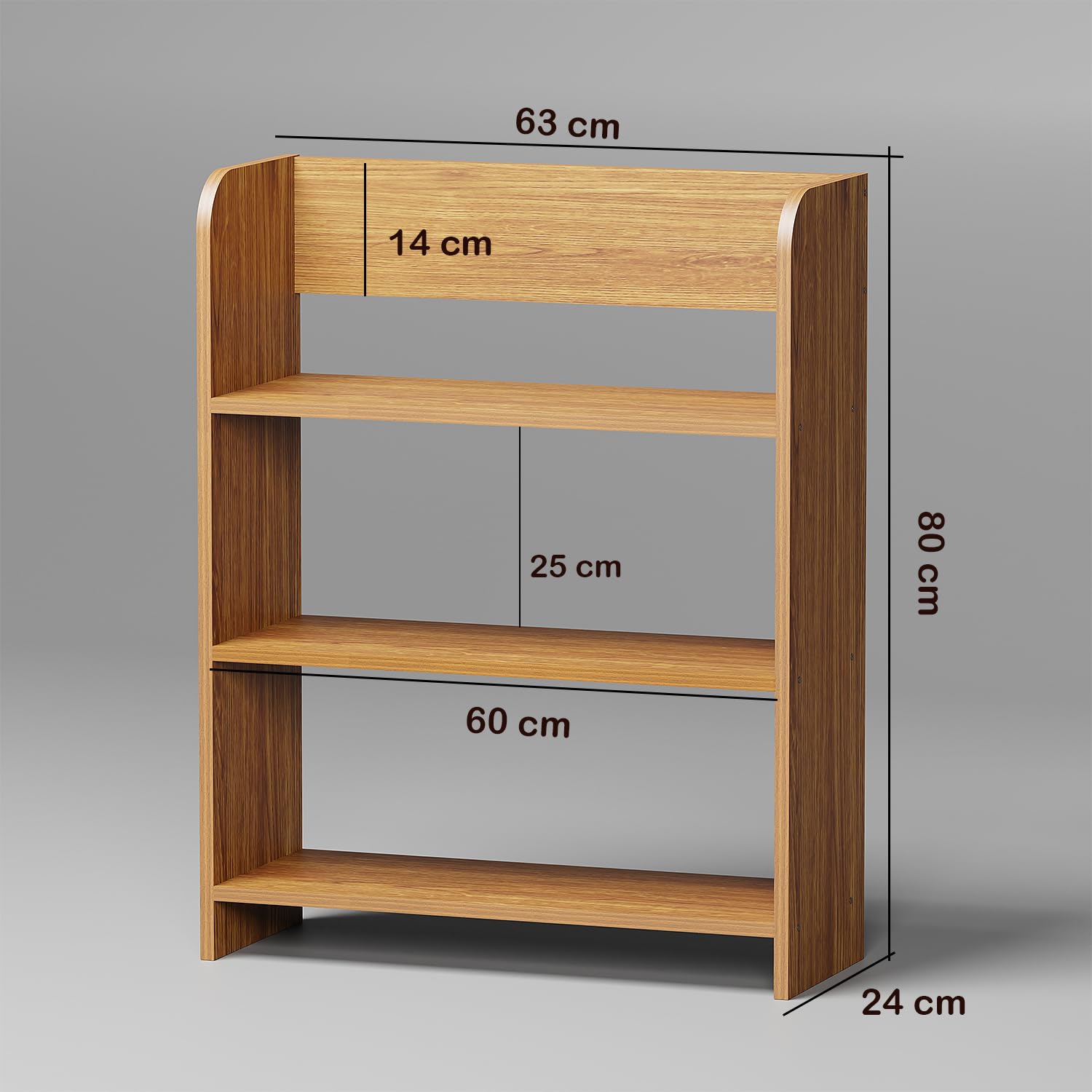 Lukzer 3‑Layer Rounded Edges Engineered Wood Open Rack Cabinet Bookshelf (MR‑016/Oak Brown)