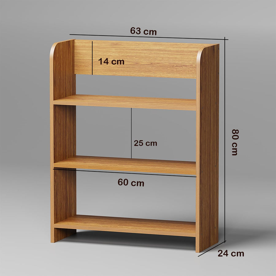 Lukzer 3‑Layer Rounded Edges Engineered Wood Open Rack Cabinet Bookshelf (MR‑016/Oak Brown)