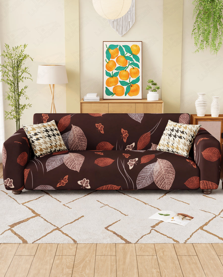 Lukzer Polyester Sofa Cover - Maroon Leaves (SC-010-01)