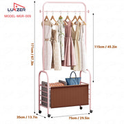 Lukzer Metal Clothes Rail Stand with Leather Storage Bin & Wheels (MGR-009/Pink)