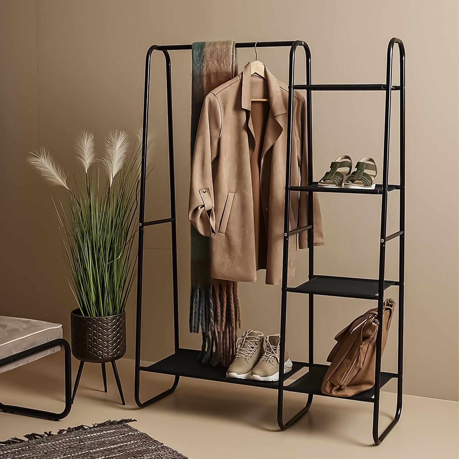 Metal Clothes Rack - Multi-Purpose Portable Garment Organizer Stand 5+1 Layer Rail with Storage Rack (A-Style/150x100x39.5cm)