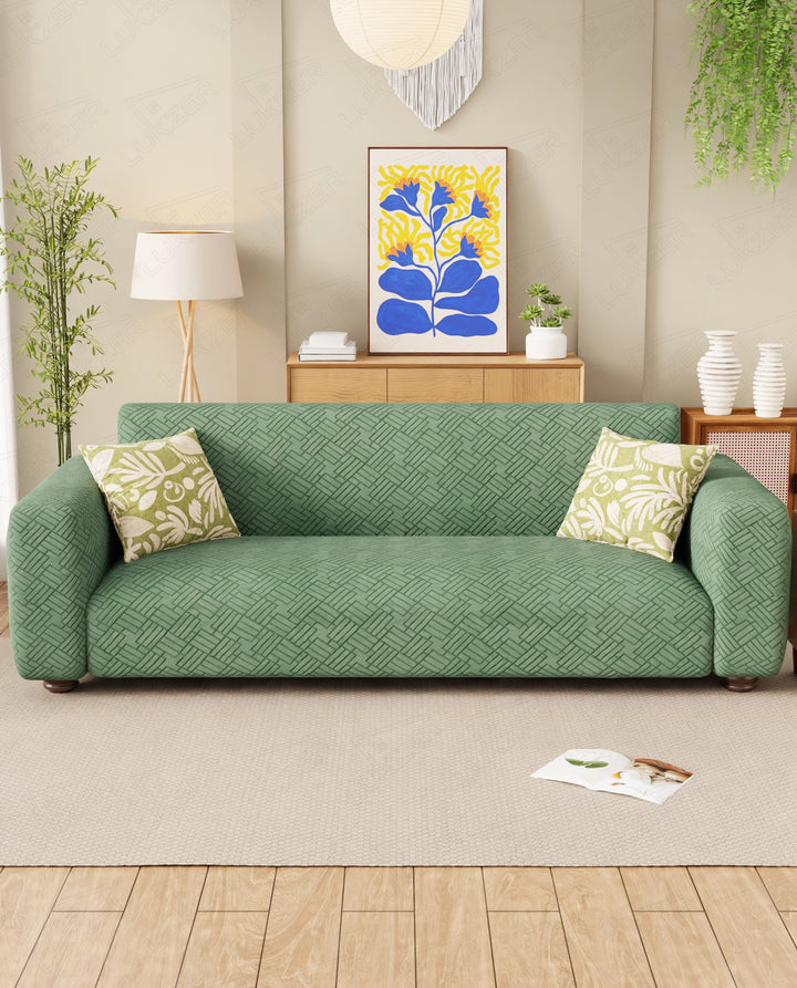 Lukzer Pastel Shades Textured Sofa Cover - Green Abstract (SC-167-01)
