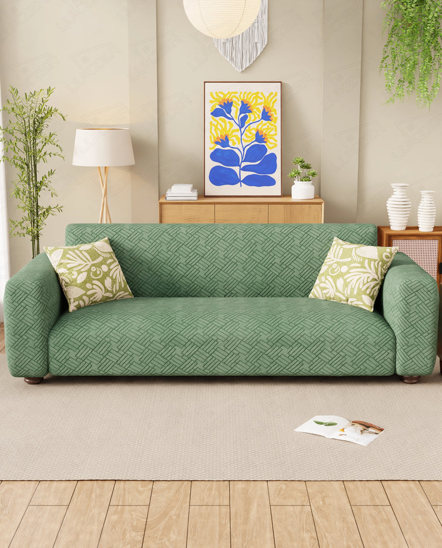 Lukzer Pastel Shades Textured Sofa Cover - Green Abstract (SC-167-01)