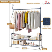 Lukzer Metal Single Rod Clothes Hanging Stand with Double Shelf & Lockable Wheels (MGR-004/Deep Sea)