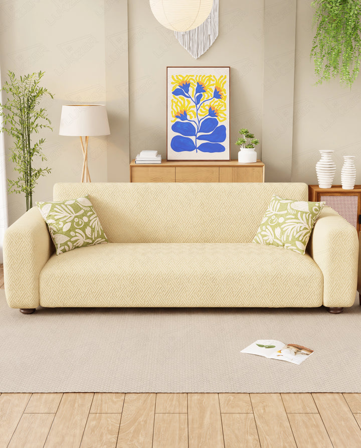 Lukzer Pastel Shades Textured Sofa Cover Yellow Grid Maze (SC-105-01)