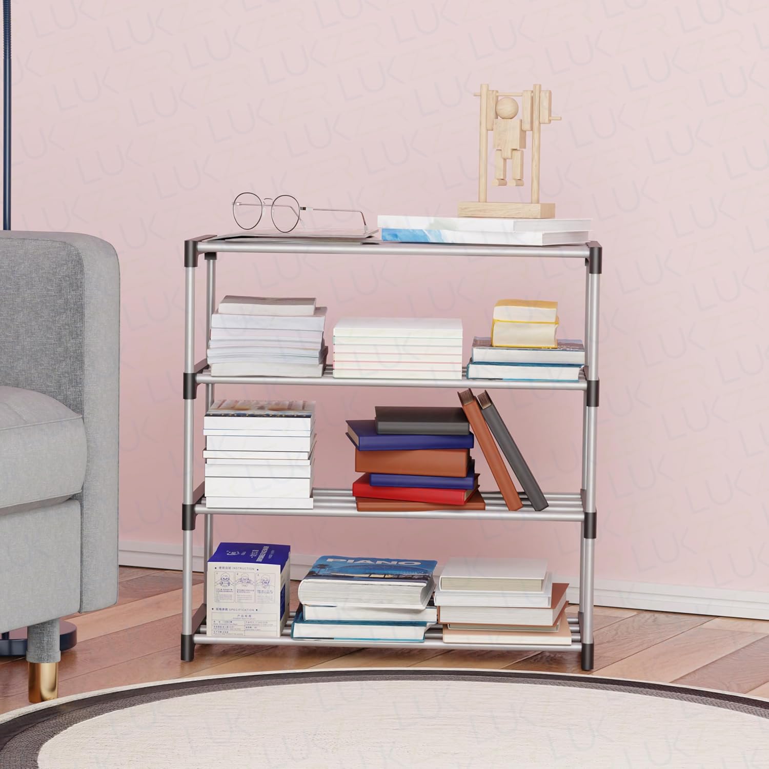 Lukzer Easy DIY Metal & Plastic Bookshelf/Storage Organizer – Black & Silver (3/4/5/6 Layers)