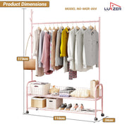 Lukzer Metal Single Rod Clothes Hanging Stand with Double Shelf & Lockable Wheels (MGR-004/Pink)