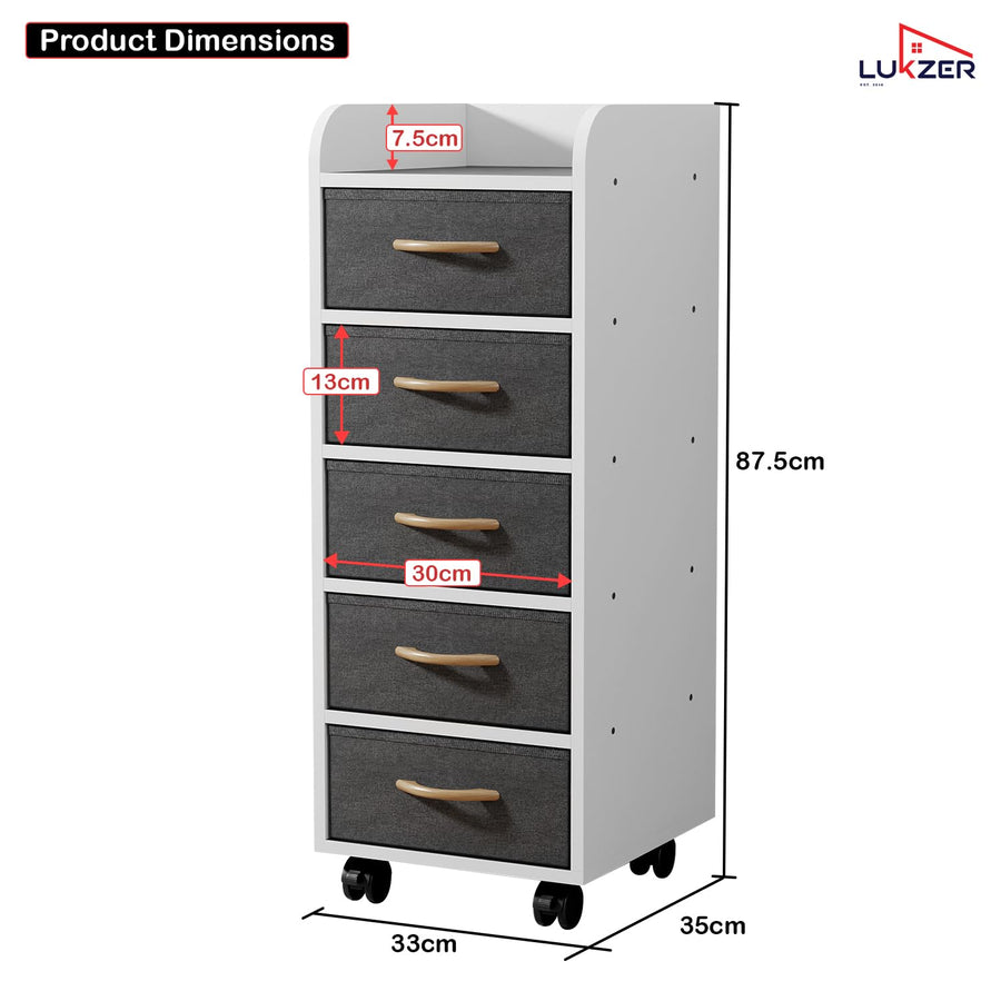 Lukzer 5-Drawer Engineered Wood Storage Cabinet with Fabric Bins & Wheels (MR-027/White)