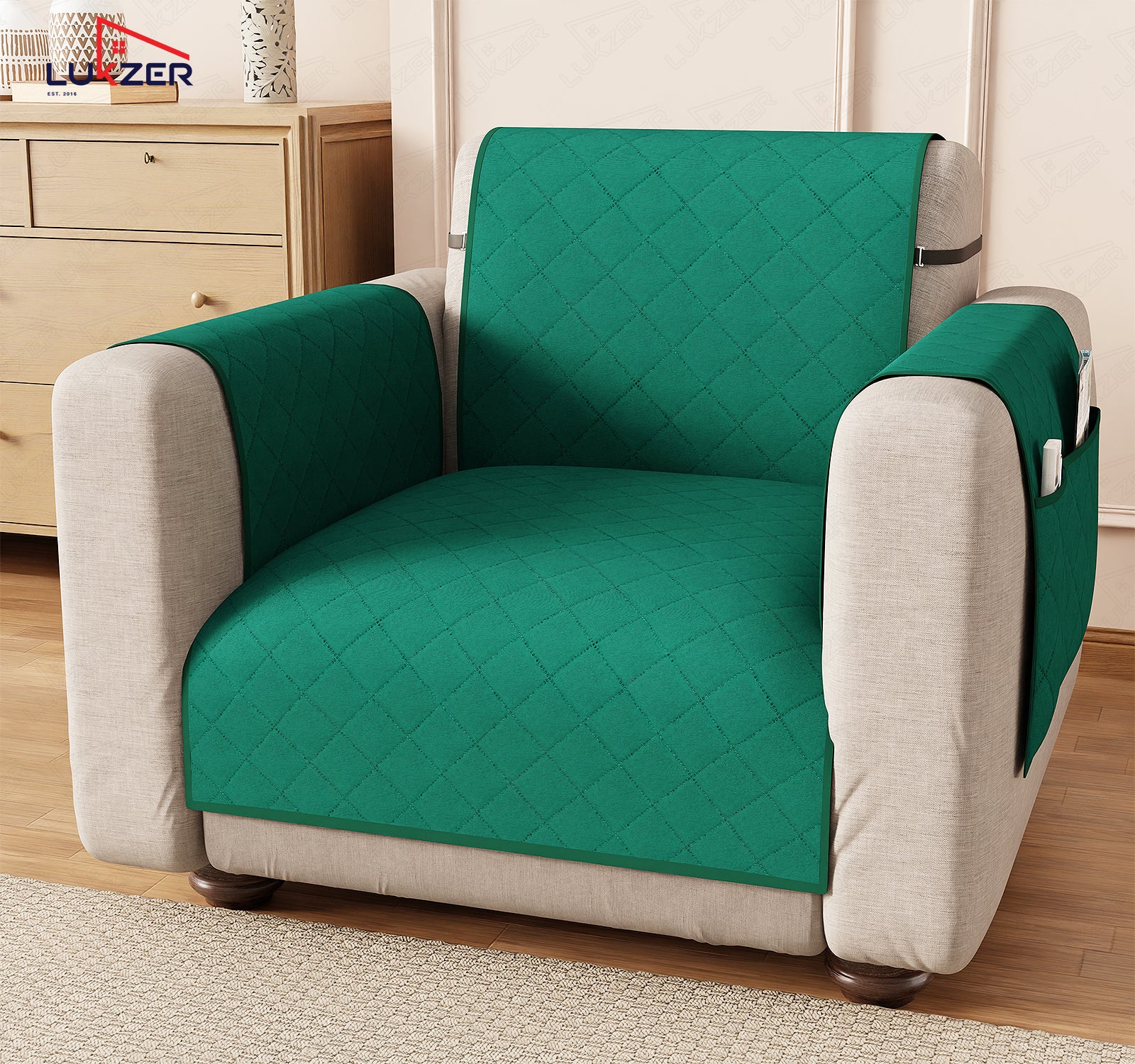 Lukzer Polyester Blend Quilted Sofa Cover Mat (350 GSM)| Full Coverage with Arms &amp; Back Belt | Machine Washable Sofa Runner with Storage Side Pocket