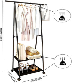 Lukzer A-Shaped Metal Garment Stand with Dual Storage Shelves & Wheels (MGR-010/Black)