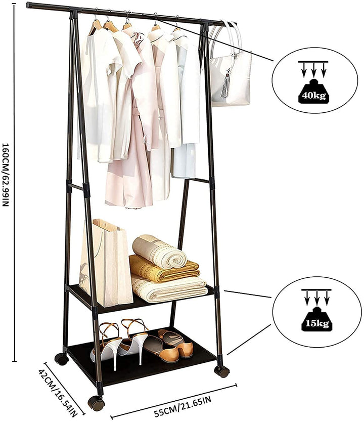 Lukzer A-Shaped Metal Garment Stand with Dual Storage Shelves & Wheels (MGR-010/Black)