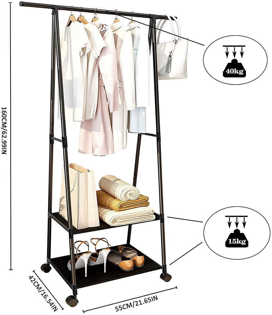 Lukzer A-Shaped Metal Garment Stand with Dual Storage Shelves & Wheels (MGR-010/Black)