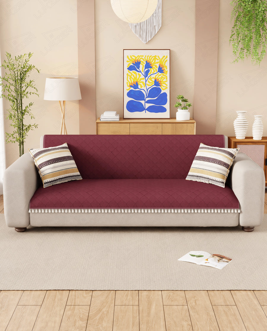 Lukzer 5 Seater Quilted Sofa Cover Mat with Tassels - 3+1+1 Seat - Cranberry Red - SC-194-05T