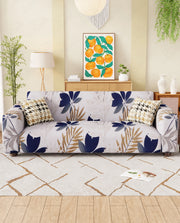 Lukzer Polyester Sofa Cover White Leaf Print (SC-017-01)