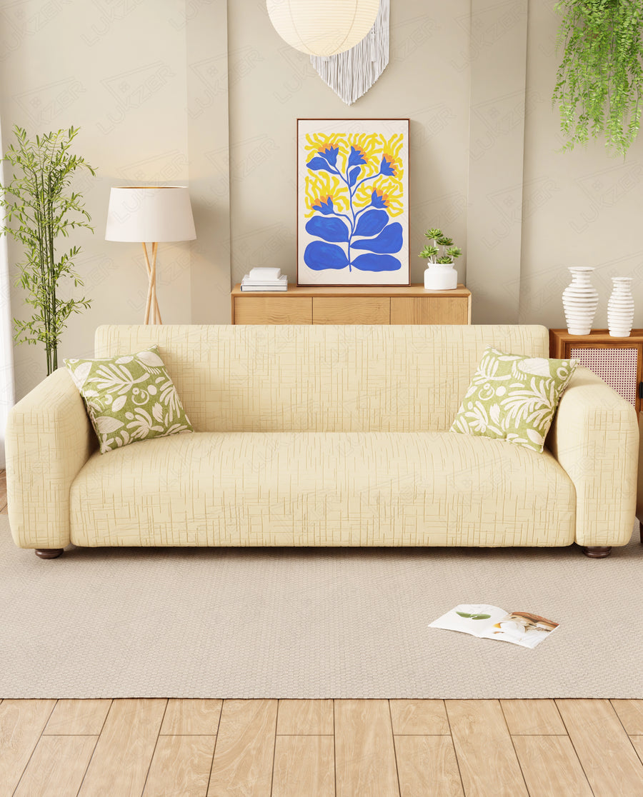 Lukzer Pastel Shades Textured Sofa Cover - Yellow Tangled Lines (SC-119-01)