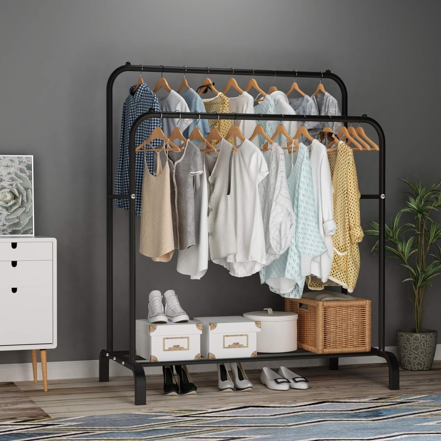 Lukzer Heavy-Duty Garment Rack – Double Rod, Bottom Shelf, Black Finish