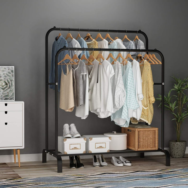 Lukzer Heavy-Duty Garment Rack – Double Rod, Bottom Shelf, Black Finish