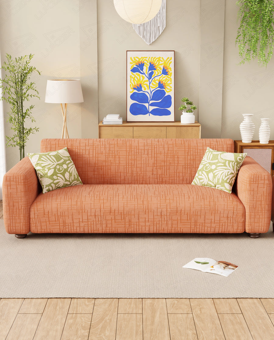 Lukzer Pastel Shades Textured Sofa Cover - Orange Tangled Lines (SC-120-01)