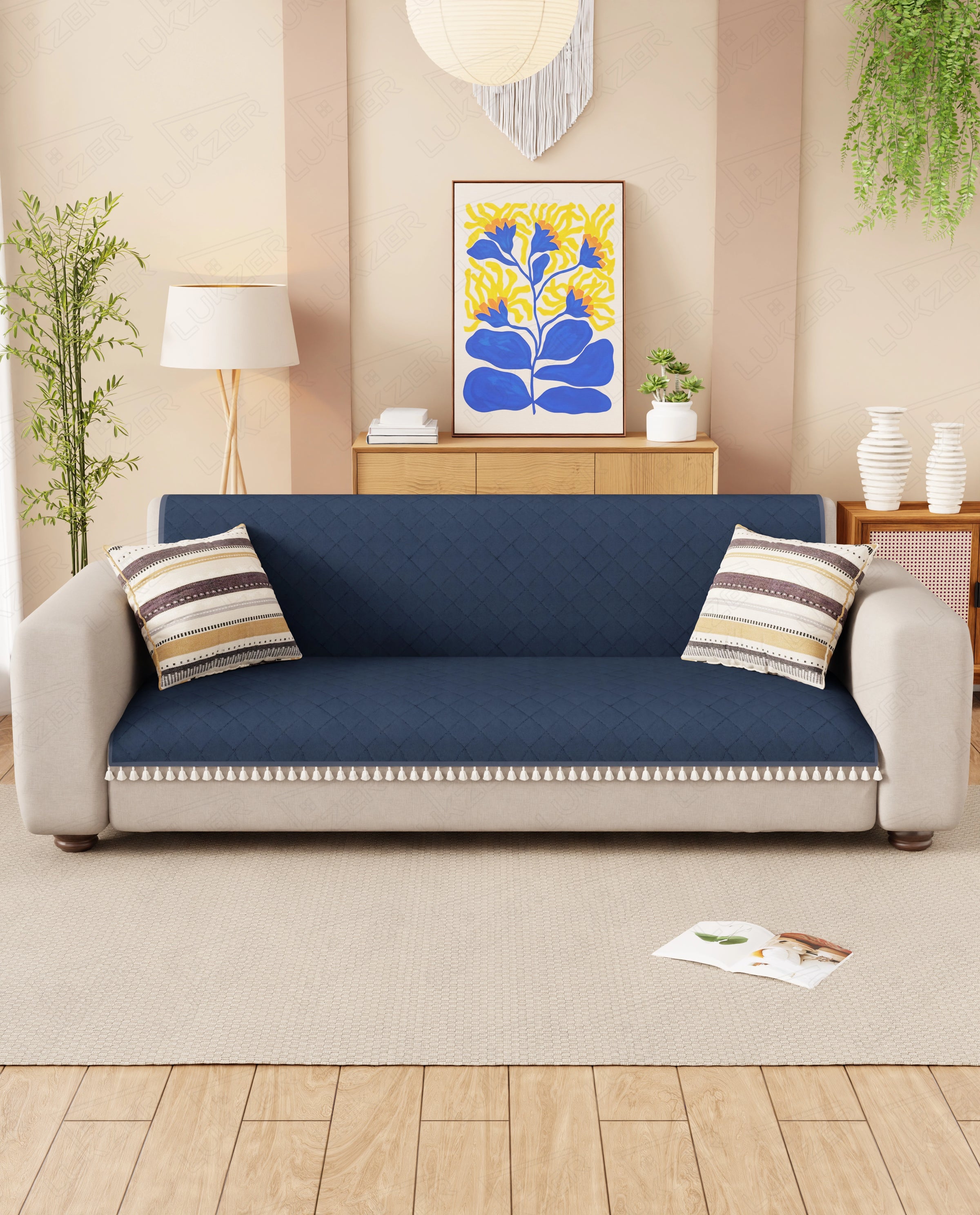 Lukzer 2 Seater Quilted Sofa Cover Mat with Tassels - Midnight Blue - SC-191-02T