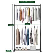 Lukzer Metal Double Rod Cloth Stand with Bottom Shelf & Wheels (MGS-006/Black)