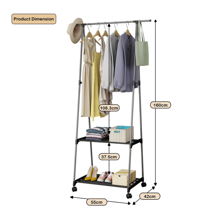 Lukzer A-Shaped Metal Garment Stand with Dual Storage Shelves & Wheels (MGR-010/Grey)