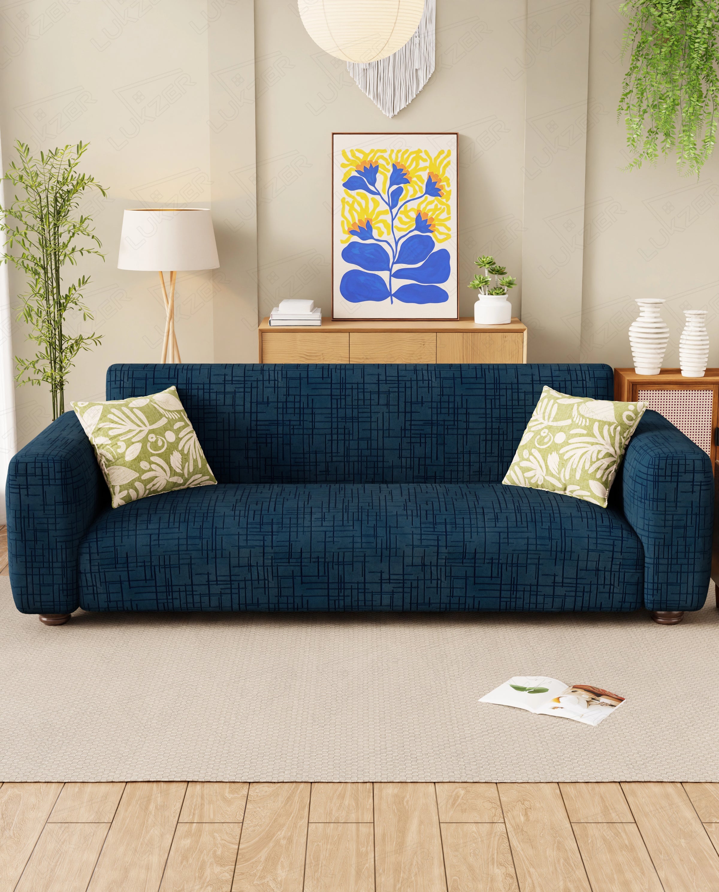 Lukzer Pastel Shades Textured Sofa Cover - Marine Blue Tangled Lines (SC-124-01)