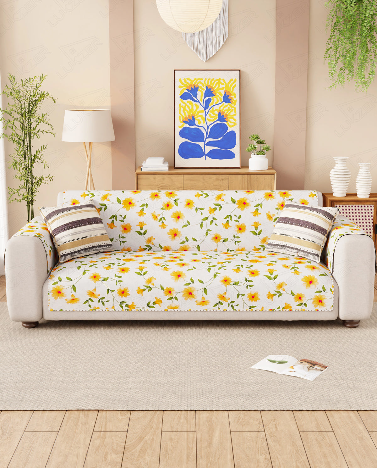 Lukzer Quilted Reversible Terra Bloom Sofa Mat with WaveEdge Ultrasonic Cut (WITH BACK & HAND REST) - SC-205-01WB