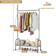 Lukzer Heavy-Duty Portable Metal Clothes Rack with Single Rod & Bottom Shelf (MGR-001/Grey)