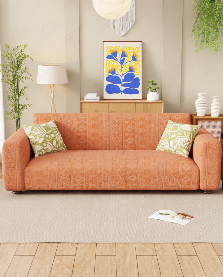 Lukzer Pastel Shades Textured Sofa Cover - Orange Tribal Design (SC-074-01)