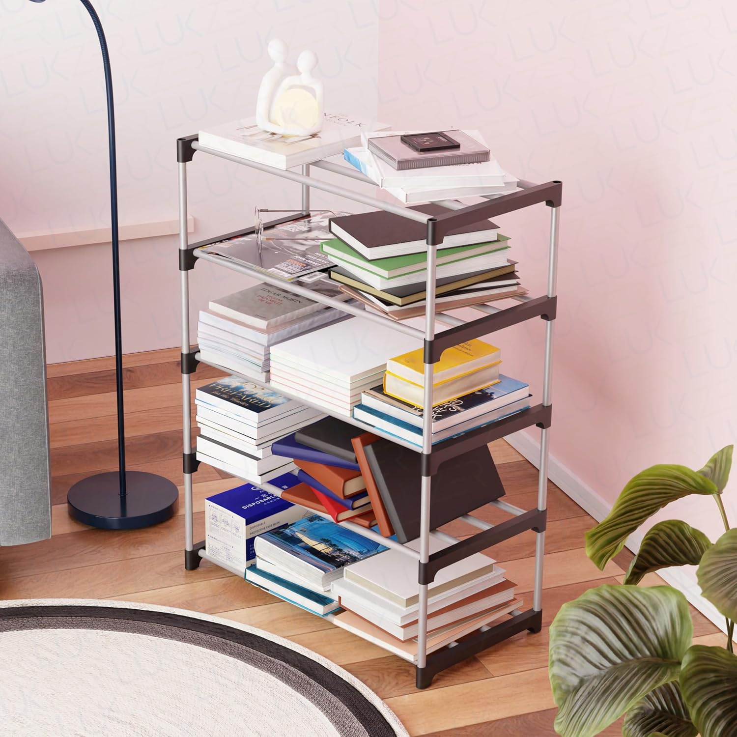 Lukzer Easy DIY Metal & Plastic Bookshelf/Storage Organizer – Black & Silver (3/4/5/6 Layers)